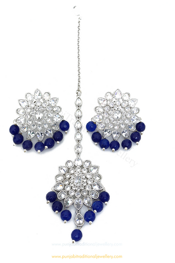 Silver Finished Blue Polki Studs & Tikka Set By PTJ